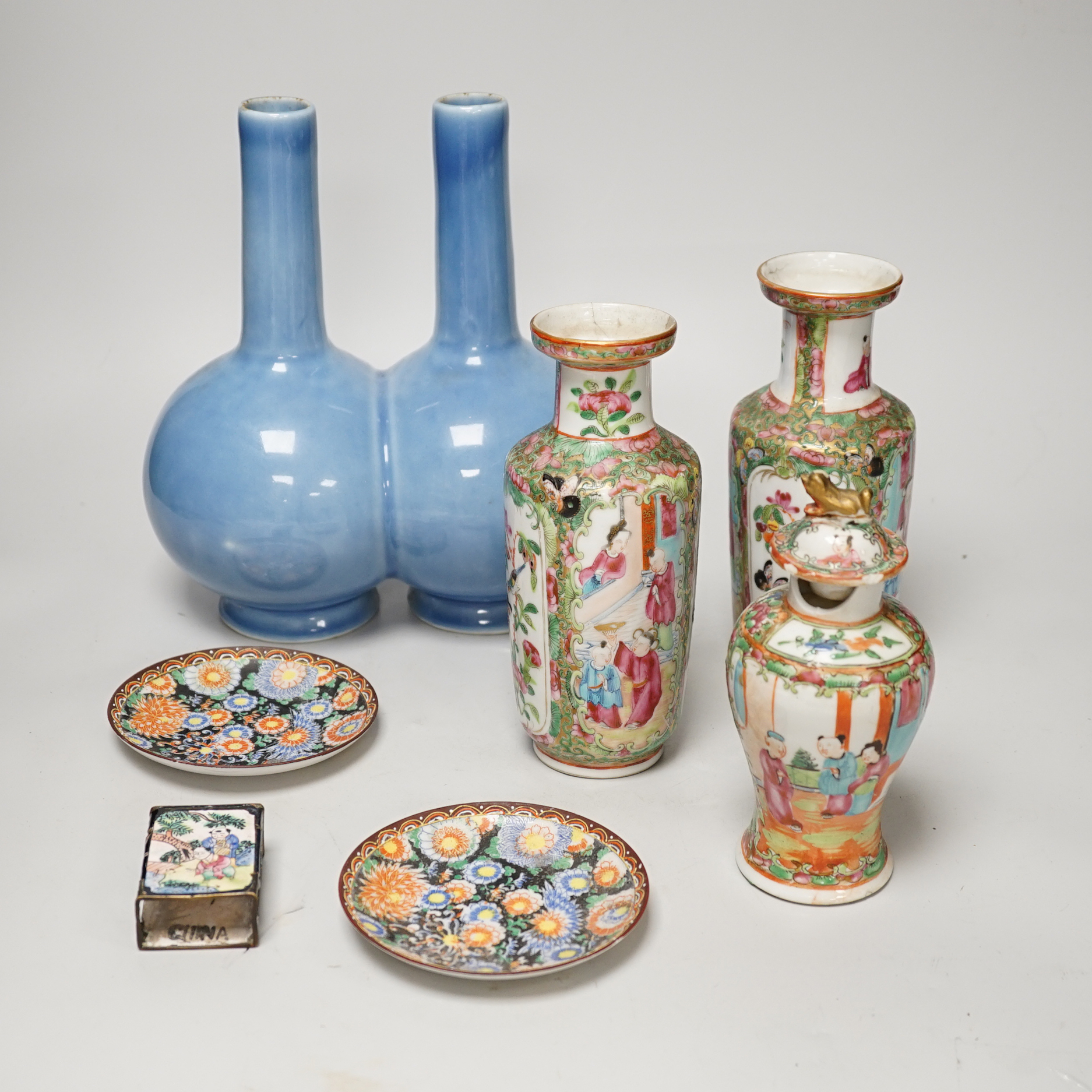 Chinese ceramics including a pair of Canton vases, baluster jar and cover and enamelled matchbox holder, the largest 24cm high